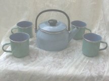 Blue Enamelware Teapot w/4 Mugs