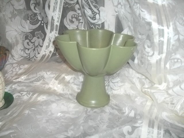 Vintage Sage Green Pottery Pedestal Bowl