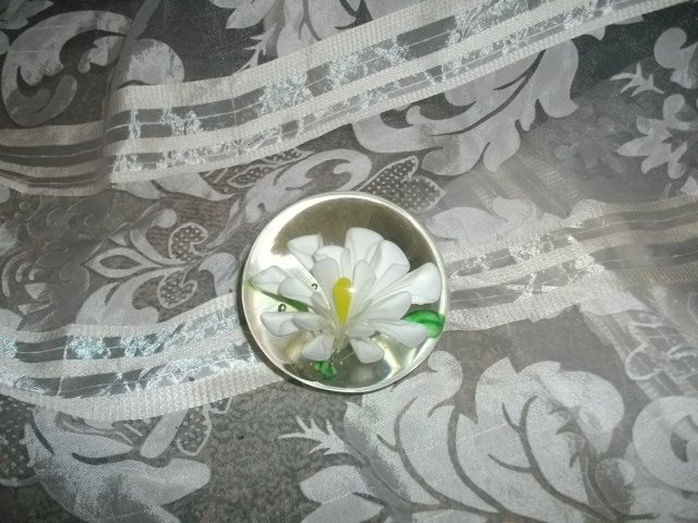 Vintage White Flower Glass Paperweight