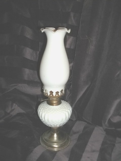 Vintage White Milk Glass Kerosene Lamp w/White Shade