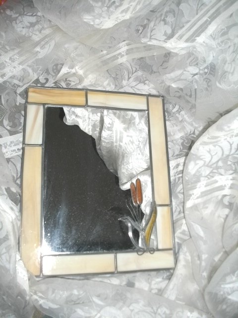 Vintage Leaded Glass Frame w/Glass Cattail