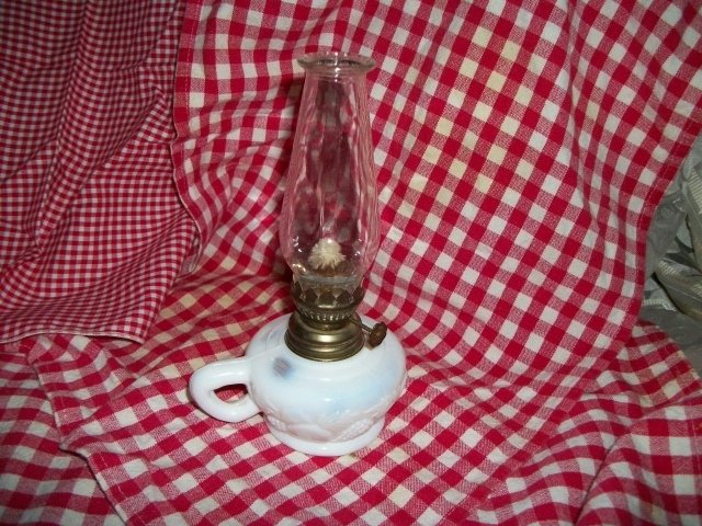 Vintage White Opalescent Glass Miniature Oil Lamp