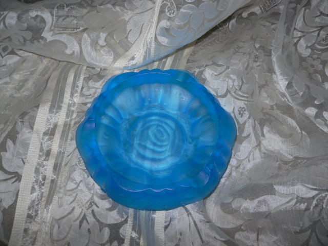 Vintage Frosted Blue Glass Rose Ashtray