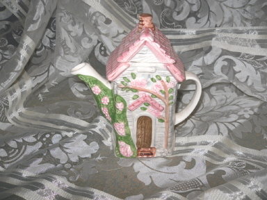 Porcelain Cottage w/Pink Flowers Teapot