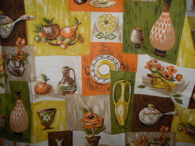 Retro Vintage Fabric w/Pottery Vases, Jugs & Caraf