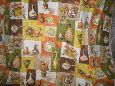 Retro Vintage Fabric w/Pottery Vases, Jugs & Caraf