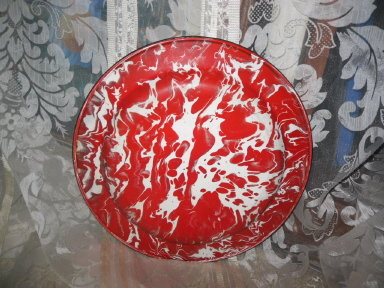 Vintage Red & White Swirl Graniteware Plate