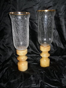 Vintage Carved Alabaster Candlesticks w/Glass Chimneys
