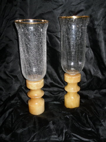 Vintage Carved Alabaster Candlesticks w/Glass Chimneys