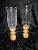 Vintage Carved Alabaster Candlesticks w/Glass Chimneys