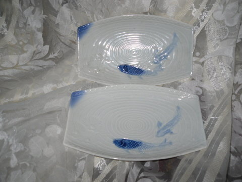 Vintage Blue & White Oriental Fish Dish Set of 4