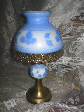 Vintage Blue & White Glass Table Lamp w/Matching Glass Shade