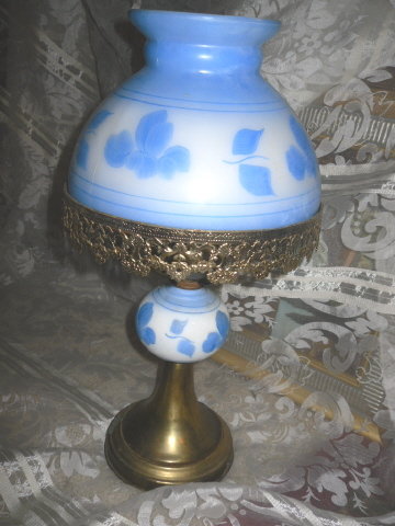 Vintage Blue & White Glass Table Lamp w/Matching Glass Shade