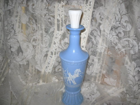 Vintage Blue & Milk Glass Decanter w/Greek Decoration