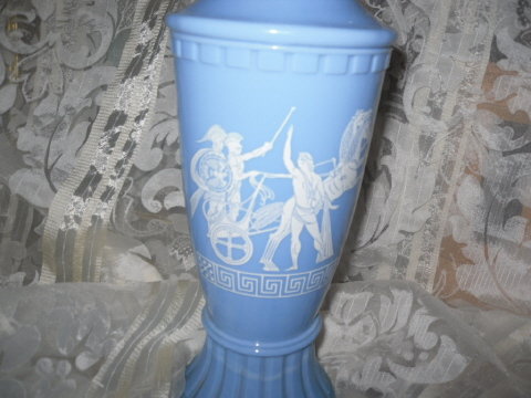 Vintage Blue & Milk Glass Decanter w/Greek Decoration