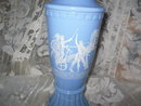 Vintage Blue & Milk Glass Decanter w/Greek Decoration