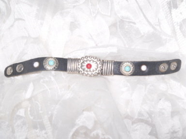 Vintage Black Leather & Turquoise Bracelet