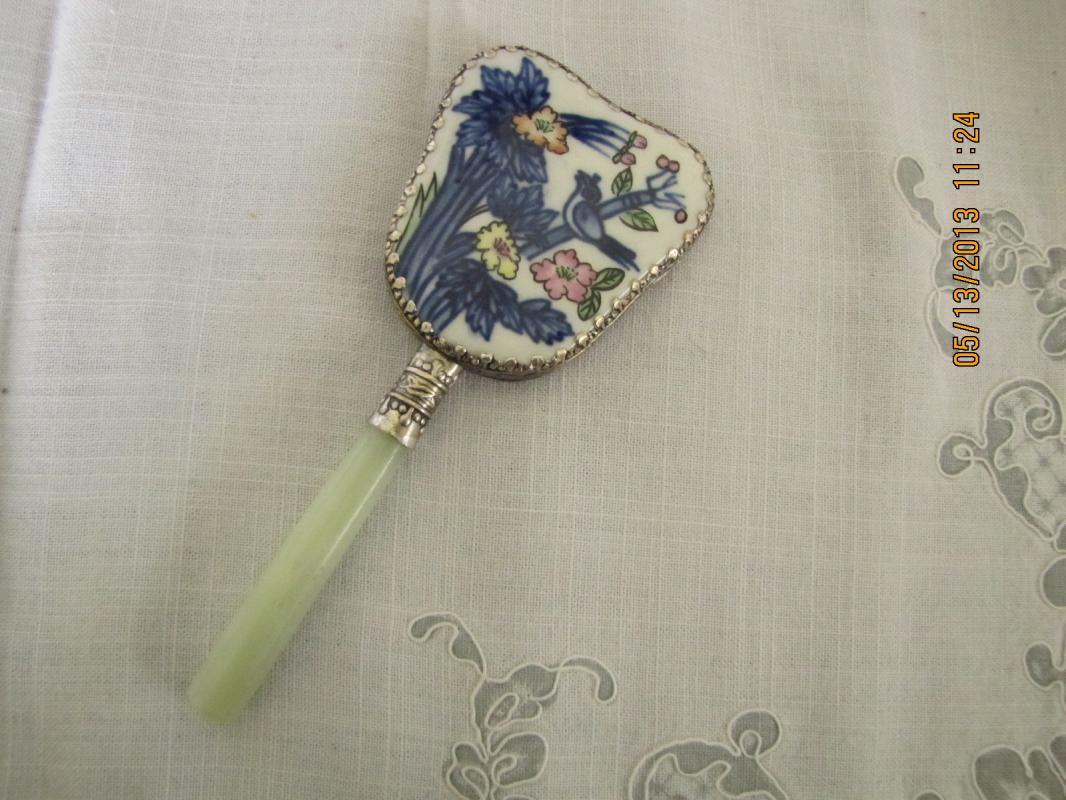 Handpainted Porcelain Hand Mirror with Jadeite Handle