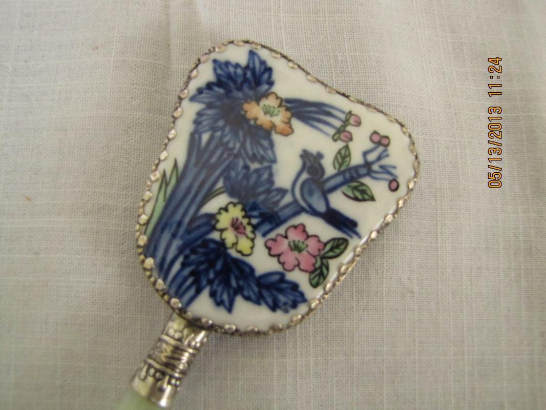 Handpainted Porcelain Hand Mirror with Jadeite Handle