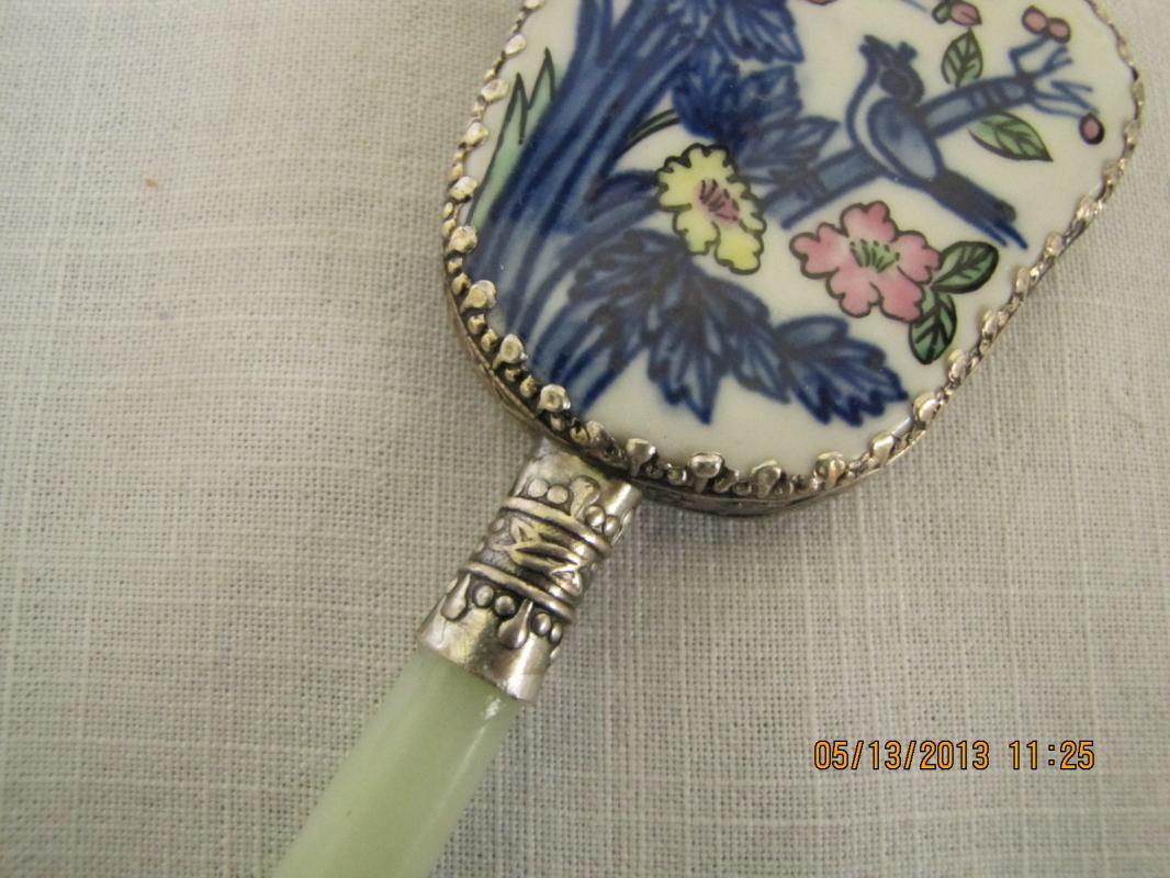 Handpainted Porcelain Hand Mirror with Jadeite Handle