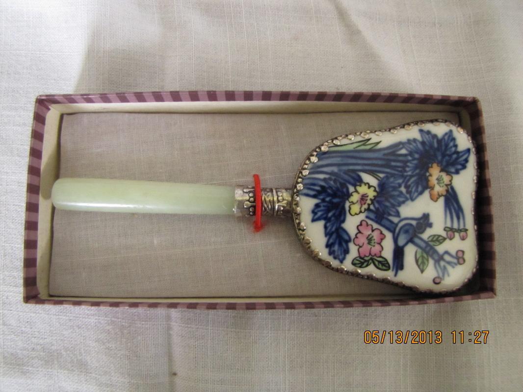 Handpainted Porcelain Hand Mirror with Jadeite Handle