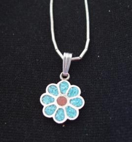 Turquoise and Coral Pendant on Liquid Silver Chain