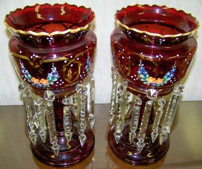 Pair Boheim Glass Lusters - hand painted