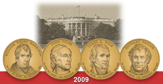 2009 Presidential Dollar Coins Subscription Get all 4 Sets 8 coins Harrison Tyler Polk Taylor UNC
