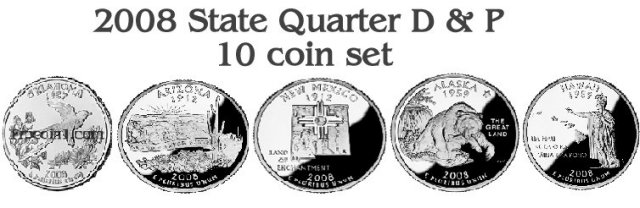 2008 State Quarters 10 coin set Denver Philadelphia Uncirculated