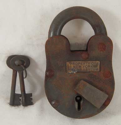 IRON PADLOCK BRASS NEW YORK INSANE ASYLUM TAG