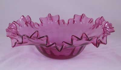 CRANBERRY GLASS HOBNAIL PATTERN BOWL RUFFLED EDGES