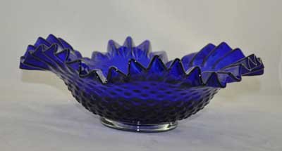 COBALT BLUE HOBNAIL PATTERN BOWL RUFFLED EDGES