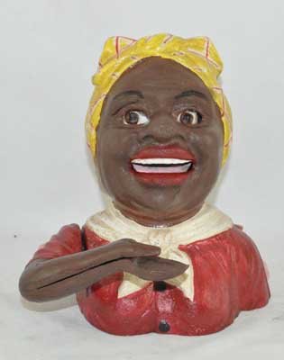 SMALL BLACK GIRL MECHANICAL BANK RED BLOUSE CAST IRON