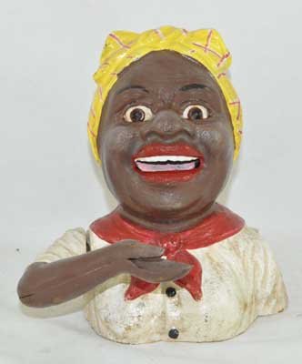 SMALL BLACK GIRL MECHANICAL BANK WHITE BLOUSE CAST IRON