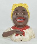 SMALL BLACK GIRL MECHANICAL BANK WHITE BLOUSE CAST IRON