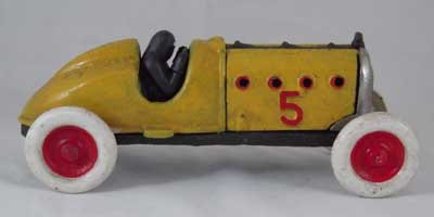 COLORFUL YELLOW RACER CAR CAST IRON HOOD OPENS