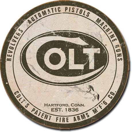 COLT'S PATENT FIRE ARMS MFG CO ROUND TIN SIGN