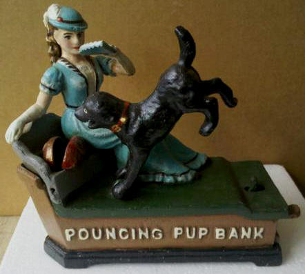 POUNCING PUP MECHANICAL BANK CAST IRON