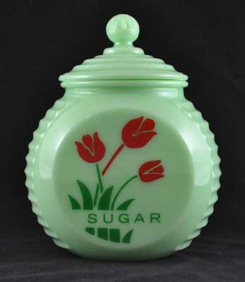 JADE JADITE JADEITE ROUND SUGAR CANISTER RED TULIPS DECOR