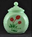 JADE JADITE JADEITE ROUND SUGAR CANISTER RED TULIPS DECOR