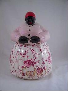 PORCELAIN MAMMY COOKIE JAR PINK TOP ROSE BOTTOM