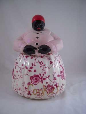 PORCELAIN MAMMY COOKIE JAR PINK TOP ROSE BOTTOM