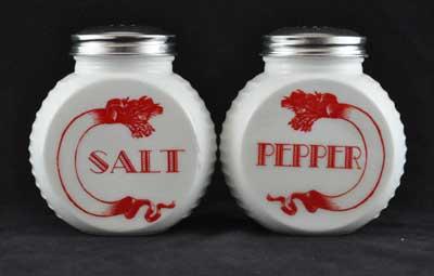 WHITE MILK GLASS RED RIBBON SALT PEPPER SET