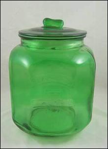 LARGE GREEN GLASS PEANUTS JAR Raised Lettering