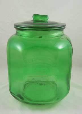 LARGE GREEN GLASS PEANUTS JAR Raised Lettering