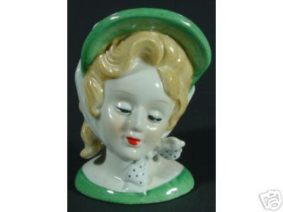 HAND PAINTED NIPPON LADY HEADVASE HEAD VASE-GREEN HAT