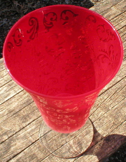 BIG RED VASE FROSTED OUTSIDE LACEY SEE THRU DESIGNS