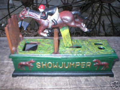SHOW JUMPER HORSE CAST IRON MECHANICAL BANK NR