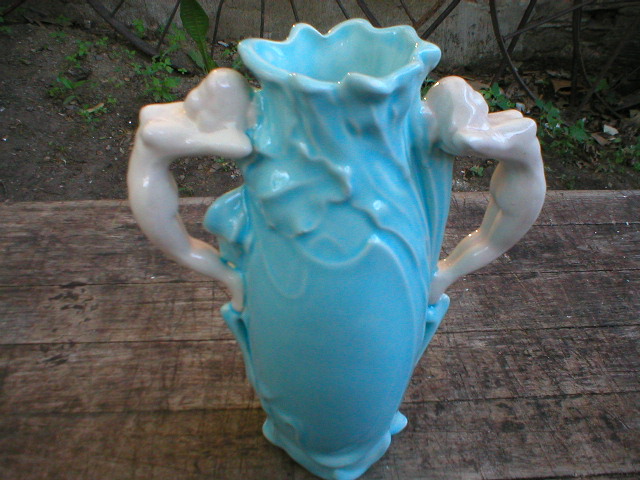 PORCELAIN VASE W NUDE HANDLES MARKED WELLER