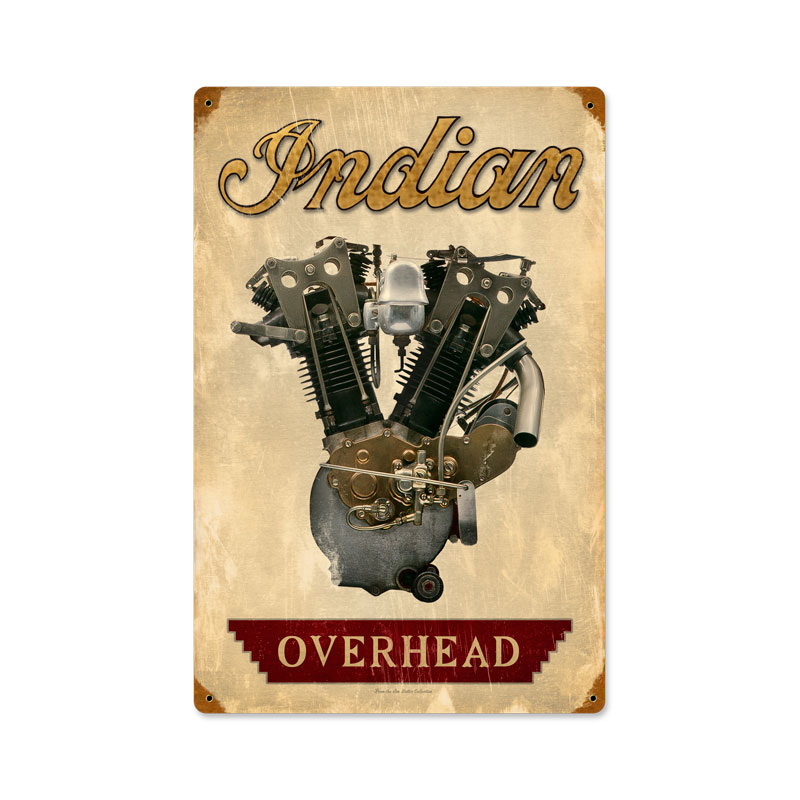 INDIAN OVERHEAD MOTORCYCLE ENGINE HEAVY METAL SIGN